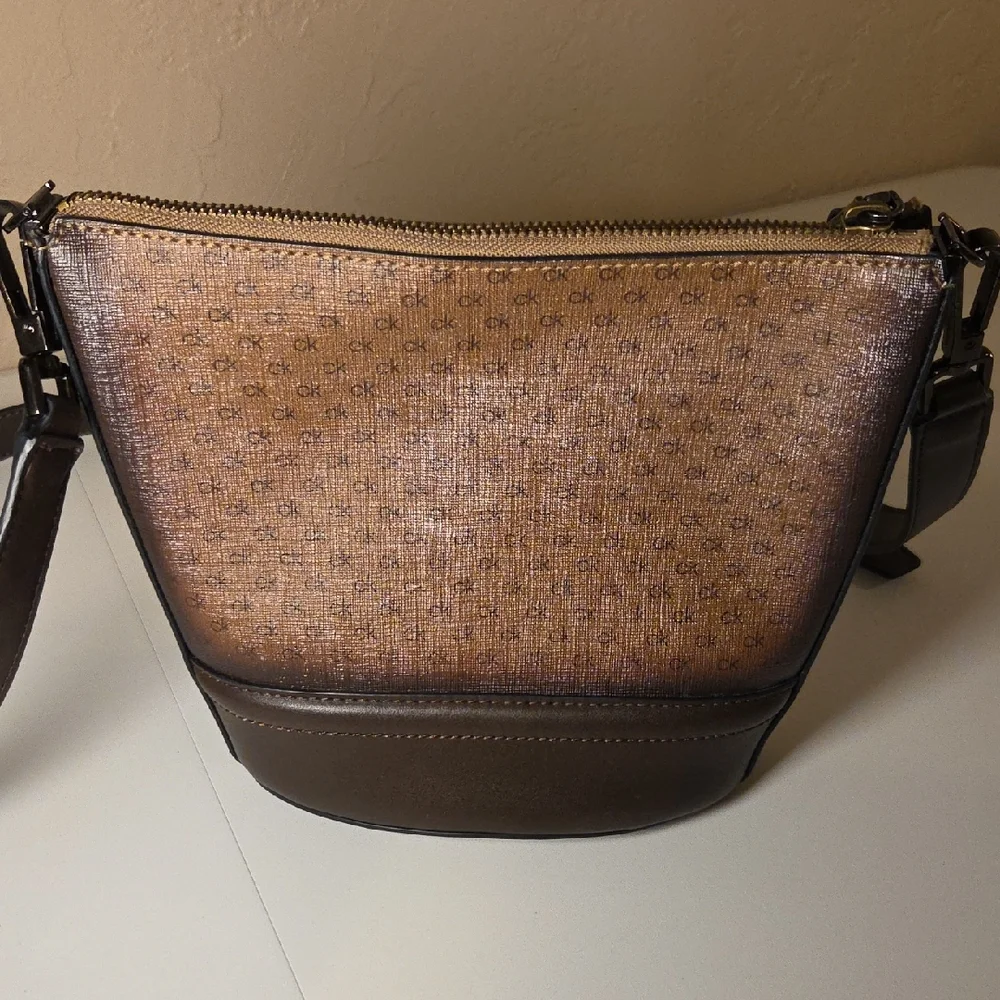 Calvin Klein CK Monogram Mini Shoulder Bag Brown Logo Zip Pouch Purse - Picture 4 of 8